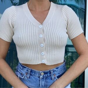Cream Ribbed Crop Sweater Top